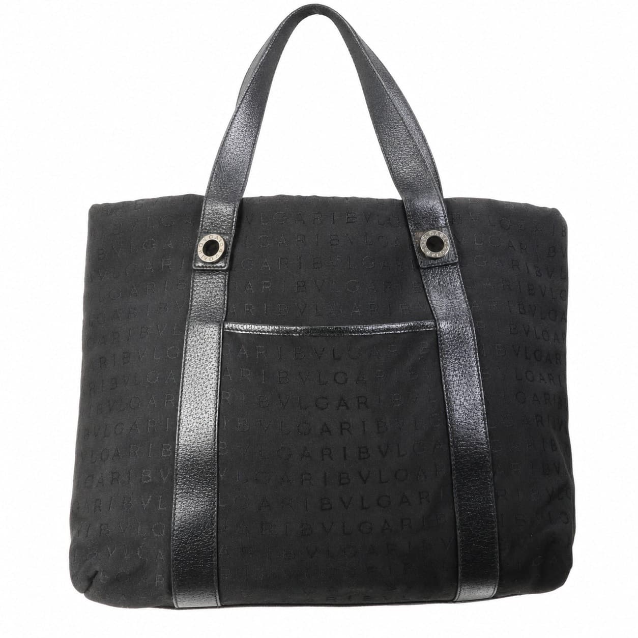 Bulgari Logomania Black Canvas Leather Tote Bag Handbag Purse