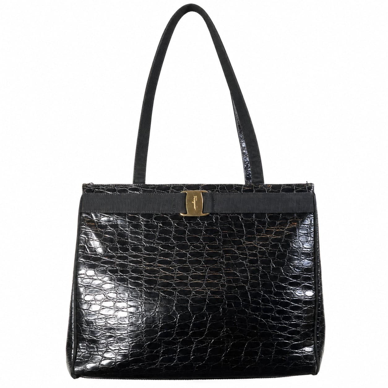 Salvatore Ferragamo Black Crocodile Embossed Leather Shoulder Bag Handbag Purse