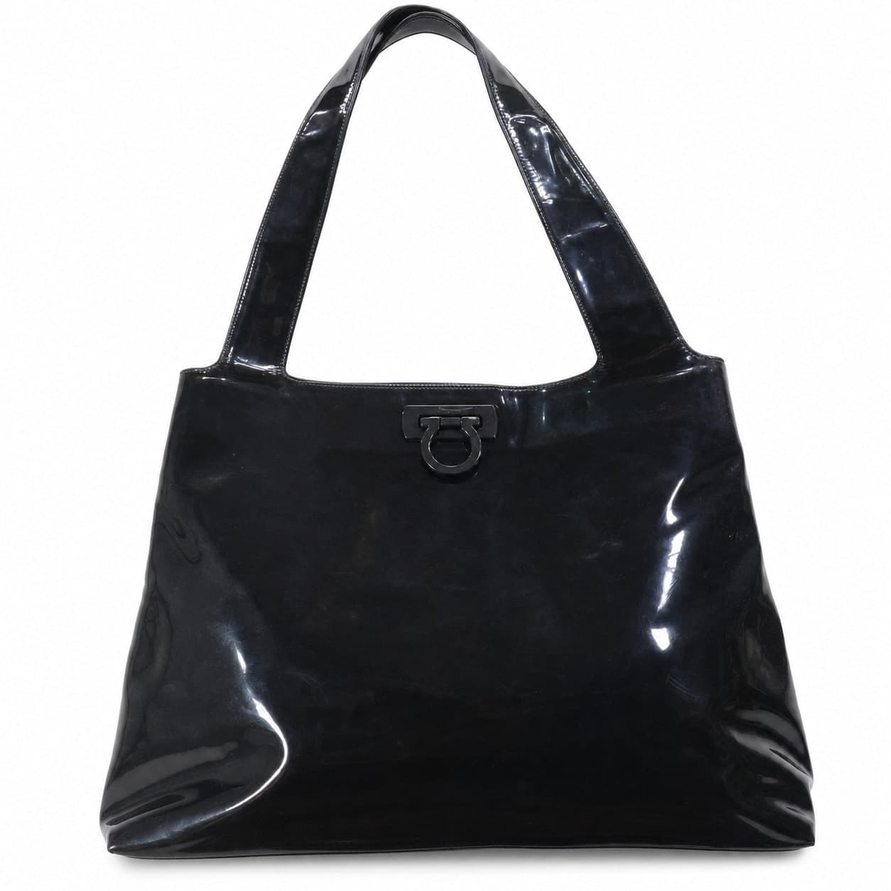 Salvatore Ferragamo Black Patent Leather Gancini Tote Shoulder Bag Handbag Purse