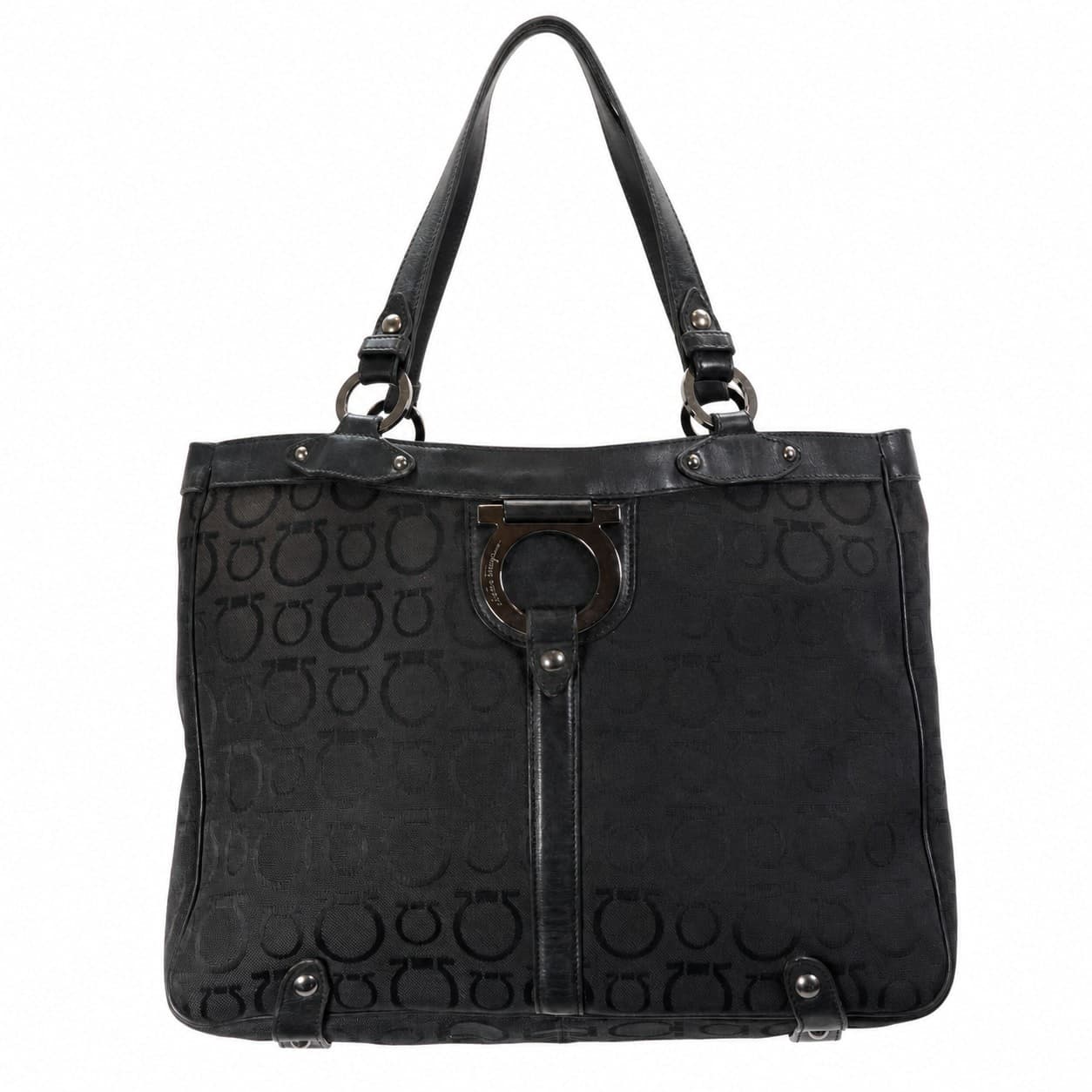 Salvatore Ferragamo Gancini Black Canvas Leather Tote Shoulder Bag Handbag Purse