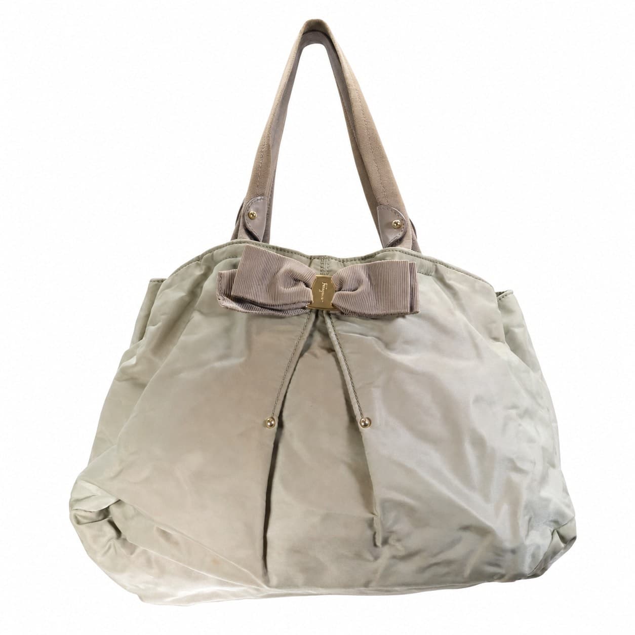Salvatore Ferragamo Nylon Vara Bow Shoulder Bag Handbag Purse Beige Taupe