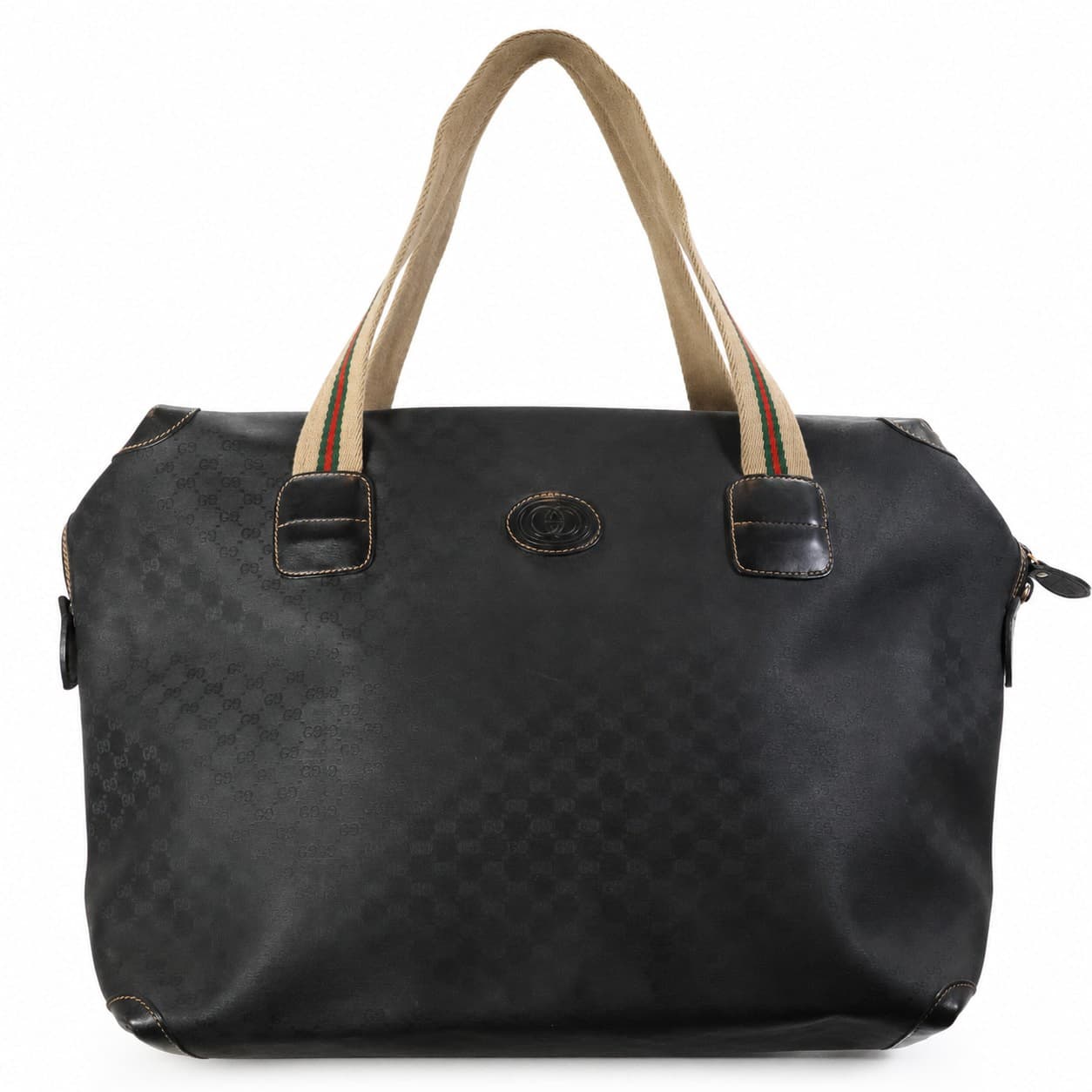 Gucci GG Monogram Canvas Tote Handbag Purse Shoulder Bag Black Leather Web Stripe
