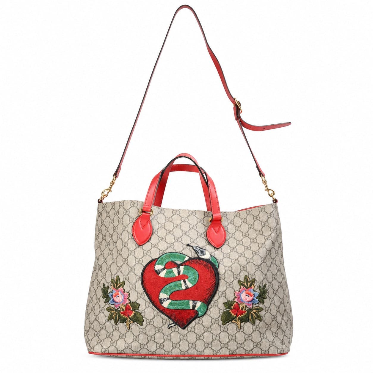Gucci GG Supreme Embroidered Heart Snake Floral Tote Bag Handbag Purse Red Leather
