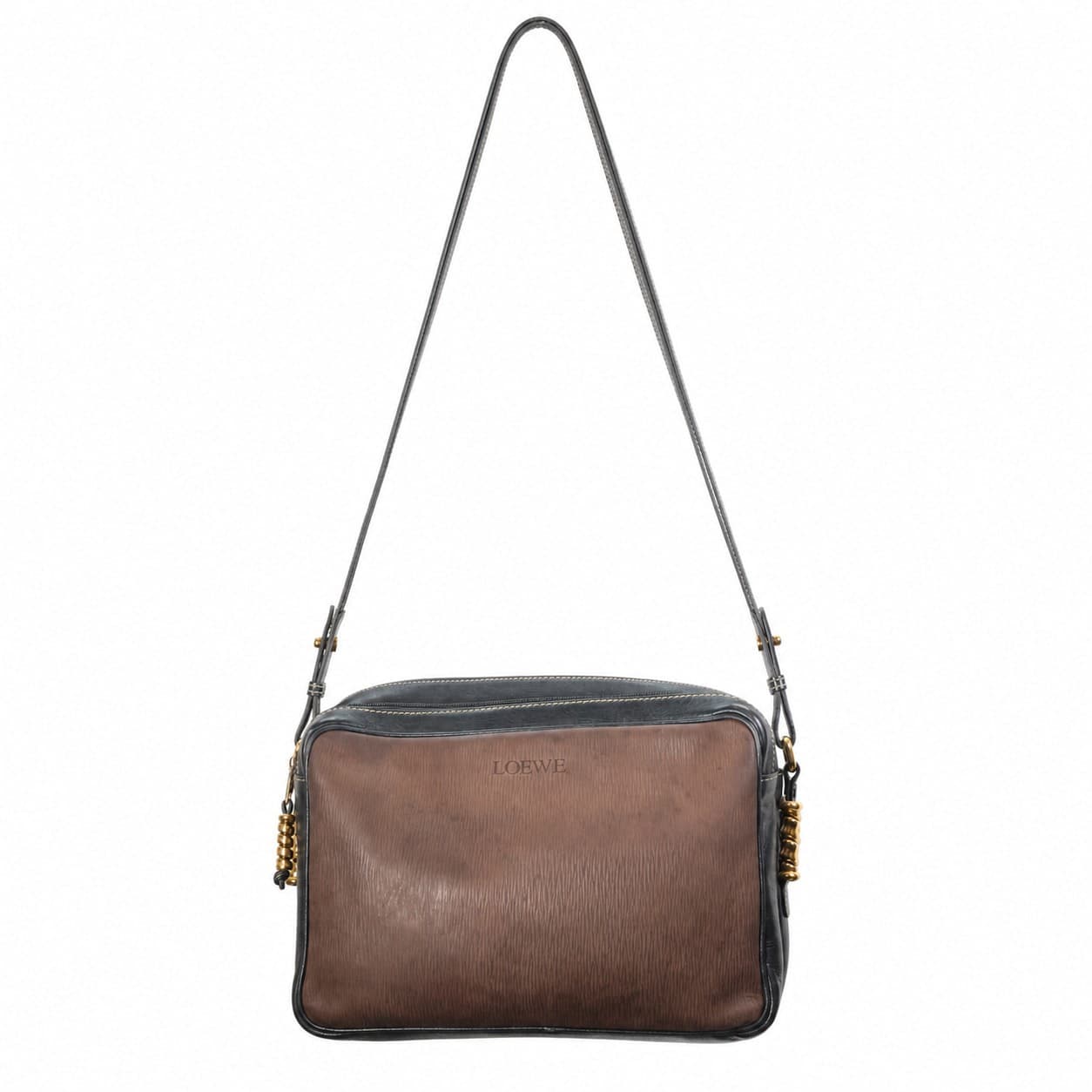 Loewe Brown Black Leather Crossbody Shoulder Bag Handbag Purse Gold Hardware