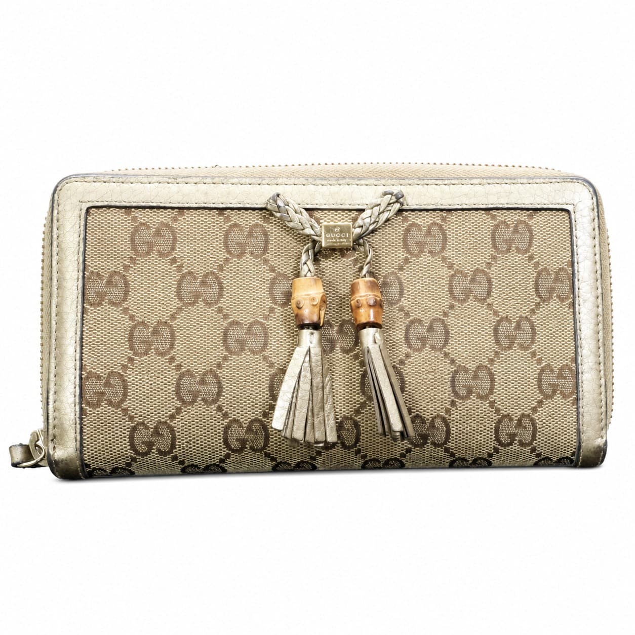Gucci GG Canvas Bamboo Tassel Zip Around Wallet Beige Metallic Leather