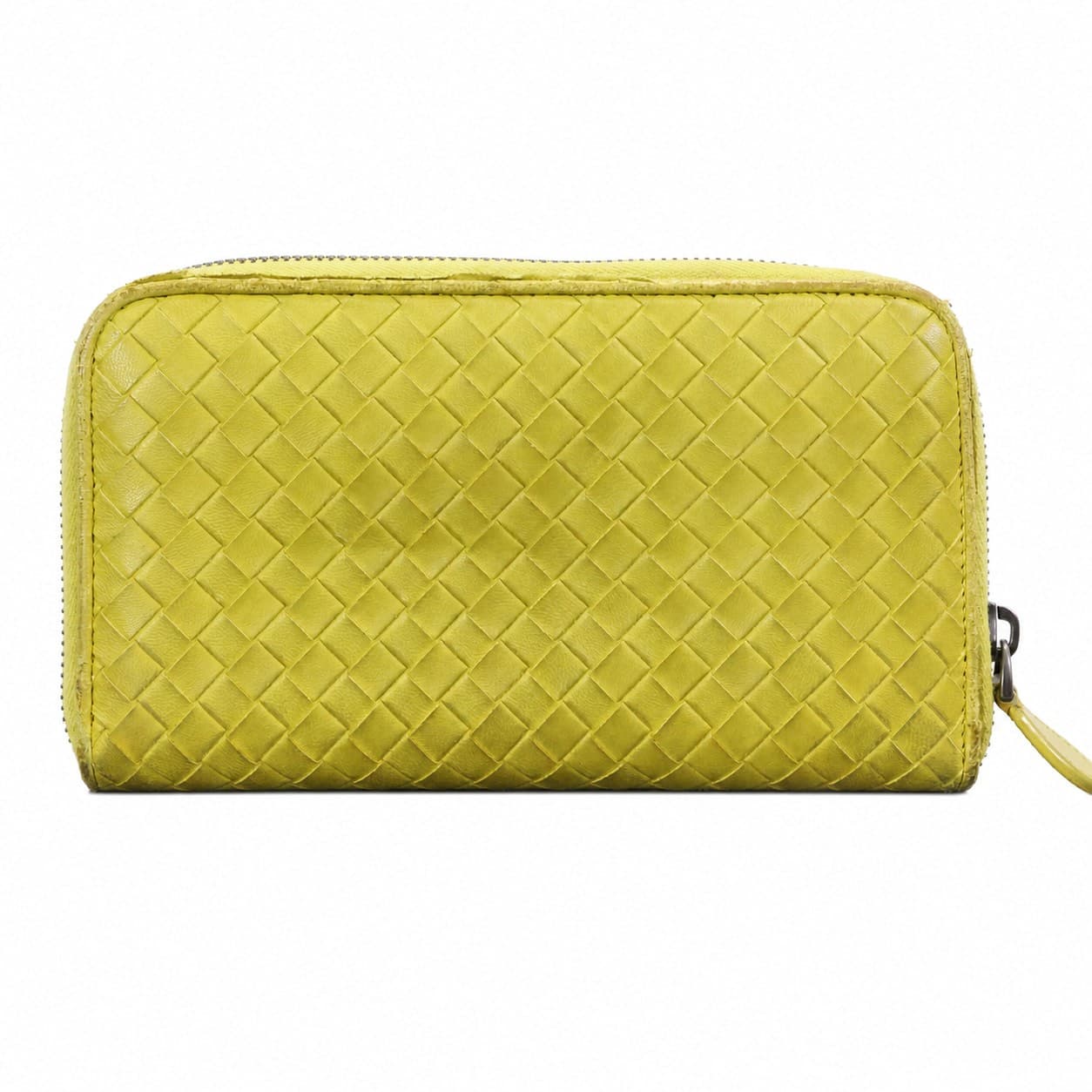 Bottega Veneta Intrecciato Woven Leather Zip Around Continental Wallet Chartreuse Yellow Green