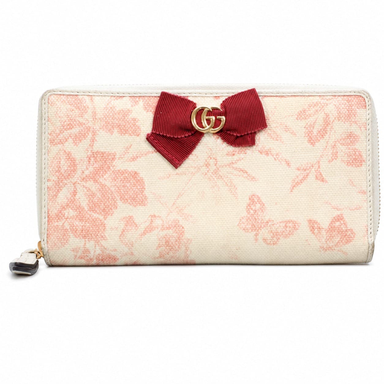 Gucci Floral Canvas Zip Around Continental Wallet Bow GG Logo Pink Cream