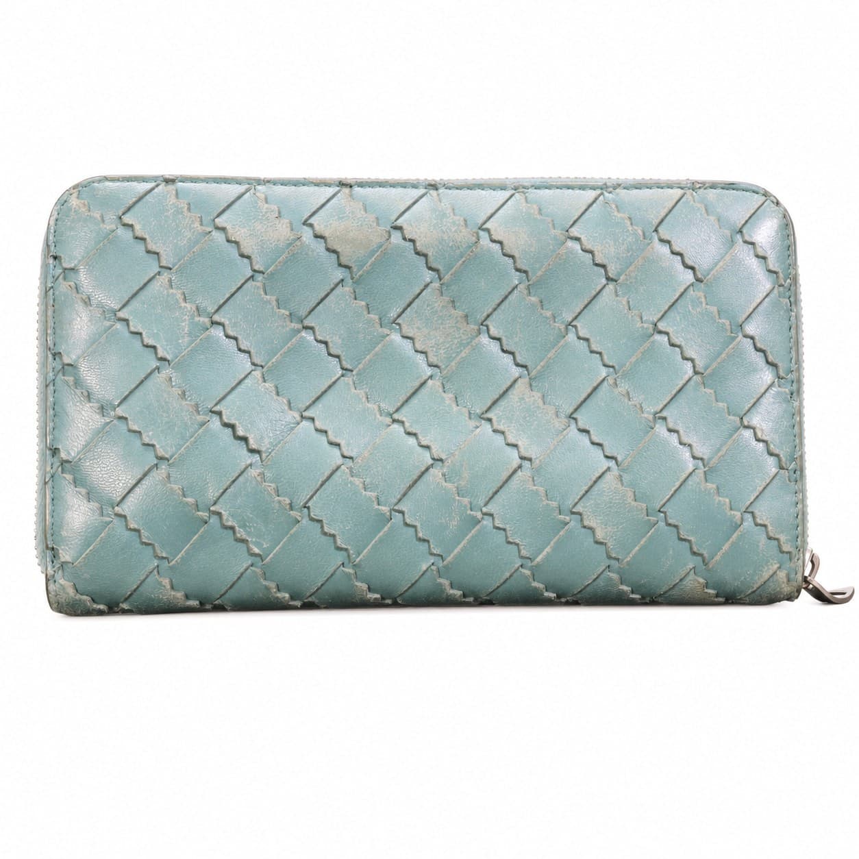 Bottega Veneta Intrecciato Woven Leather Zip Around Continental Wallet Aqua Blue