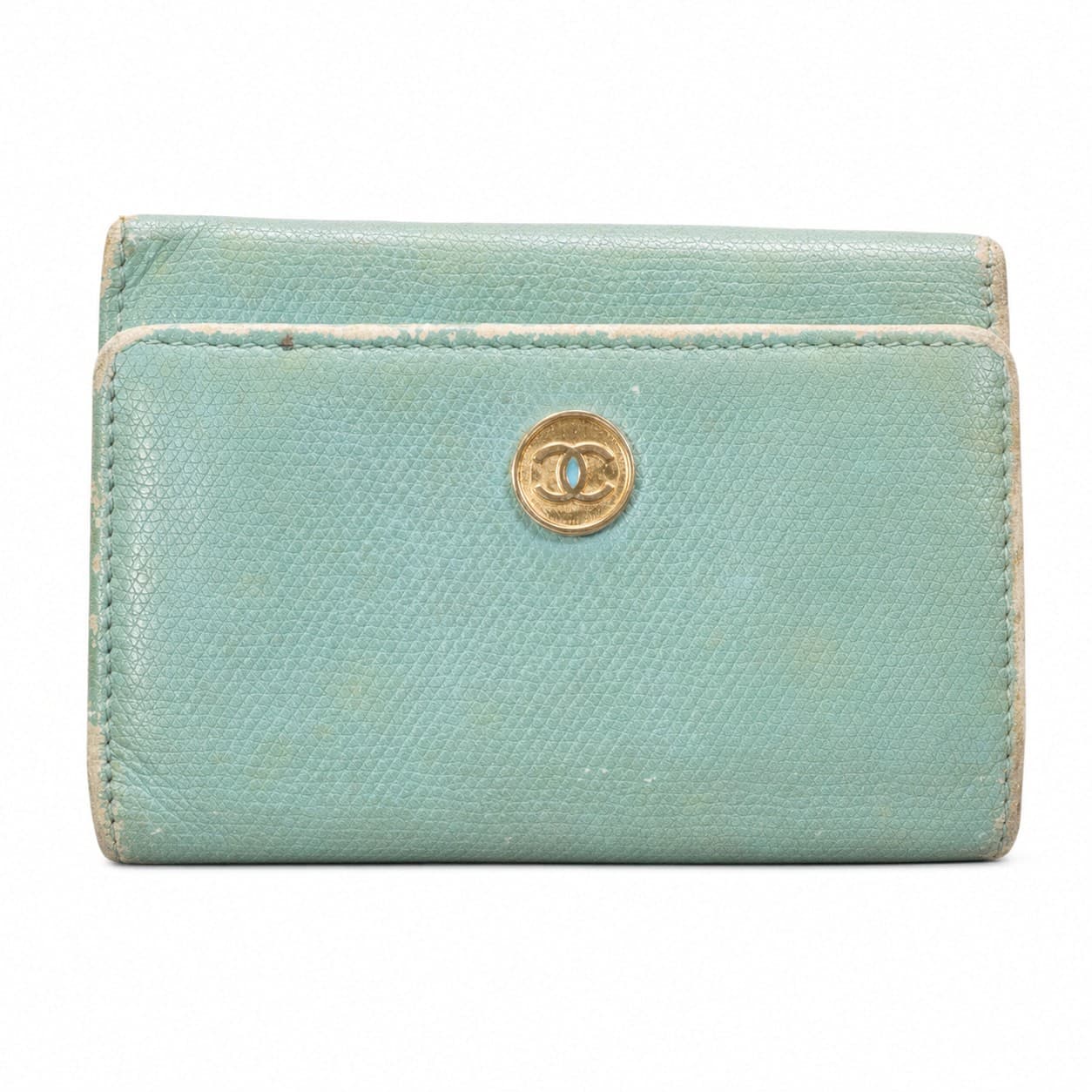 Chanel Caviar Leather Snap Card Holder Key Case Wallet Light Blue Gold Hardware