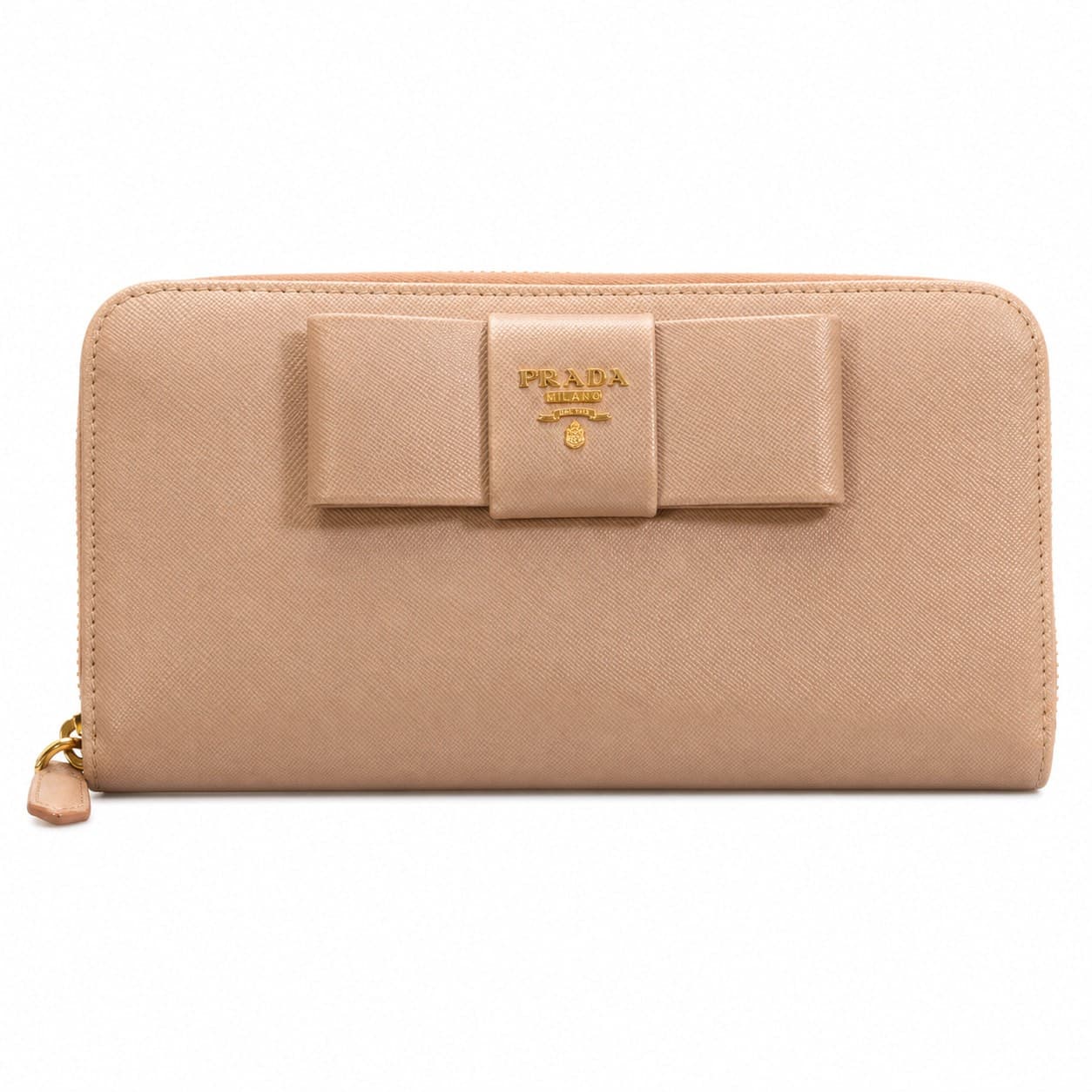 Prada Saffiano Fiocco Bow Zip Around Continental Wallet Cipria Beige Leather
