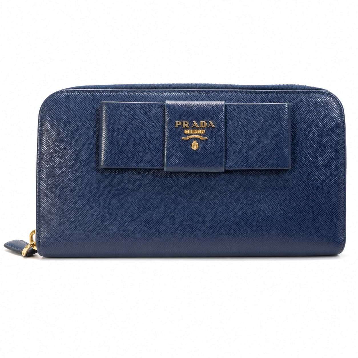 Prada Saffiano Fiocco Bow Zip Around Continental Wallet Navy Blue Leather