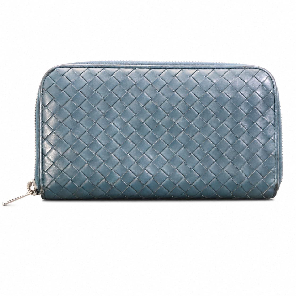 Bottega Veneta Intrecciato Woven Leather Zip Around Continental Wallet Blue