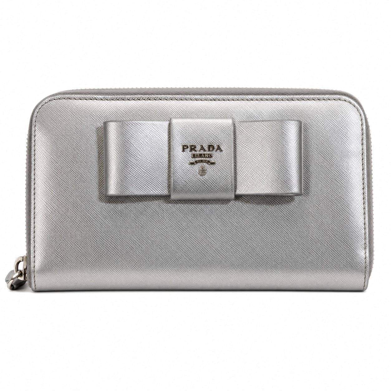 Prada Saffiano Fiocco Bow Zip Around Wallet Silver Chrome Leather 1M0506
