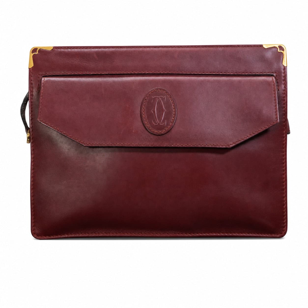 Cartier Must De Cartier Burgundy Leather Clutch Bag Handbag Purse Wristlet