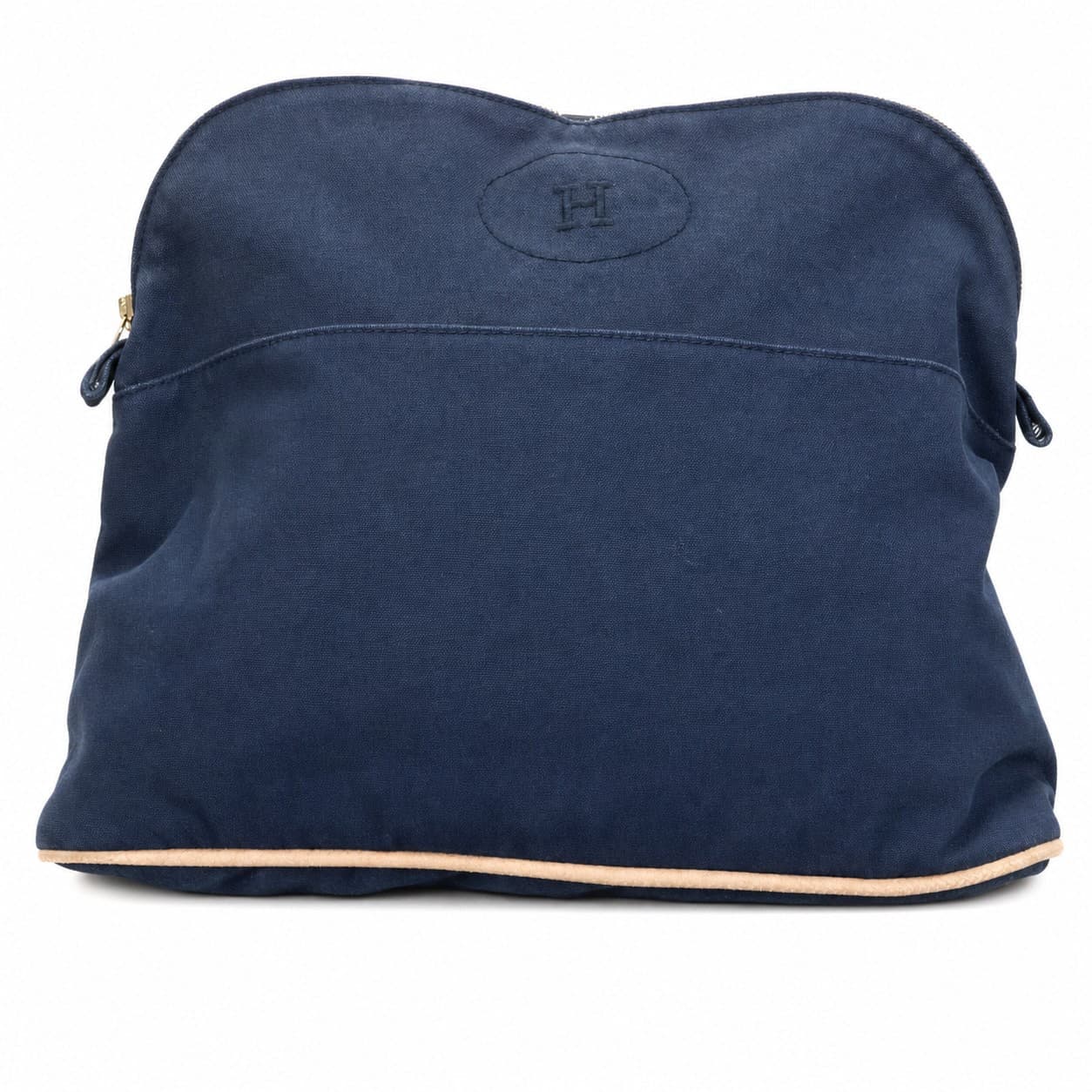 Hermès Bolide Canvas Pouch Cosmetic Bag Navy Blue Leather Trim Clutch