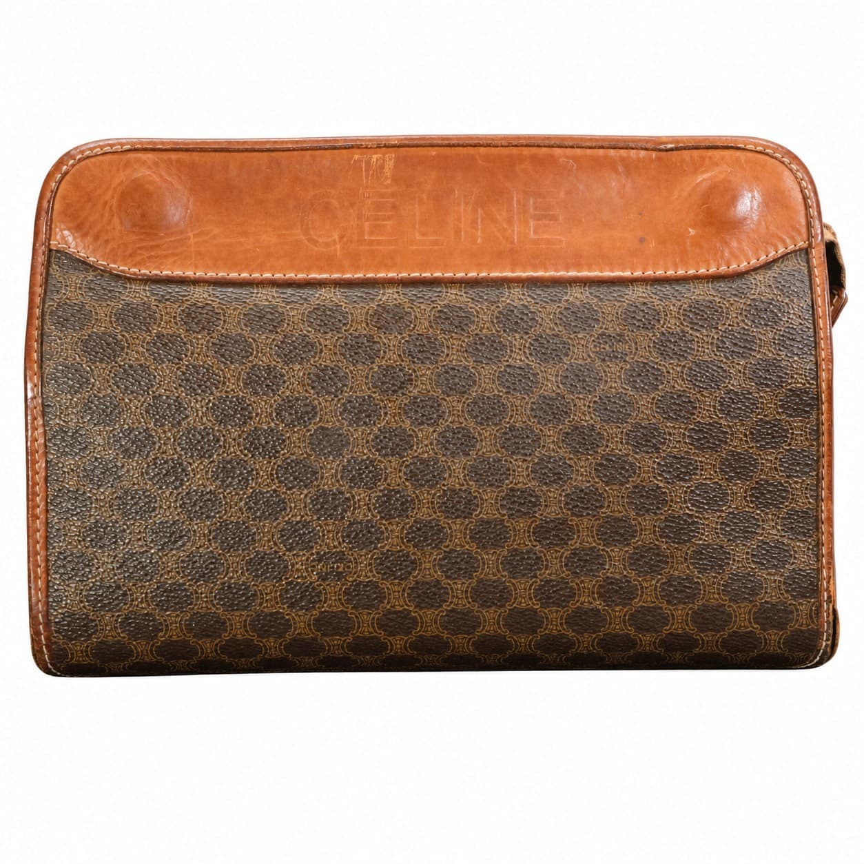 Céline Macadam Handbag Purse Bag Clutch Canvas Leather Brown Top Handle