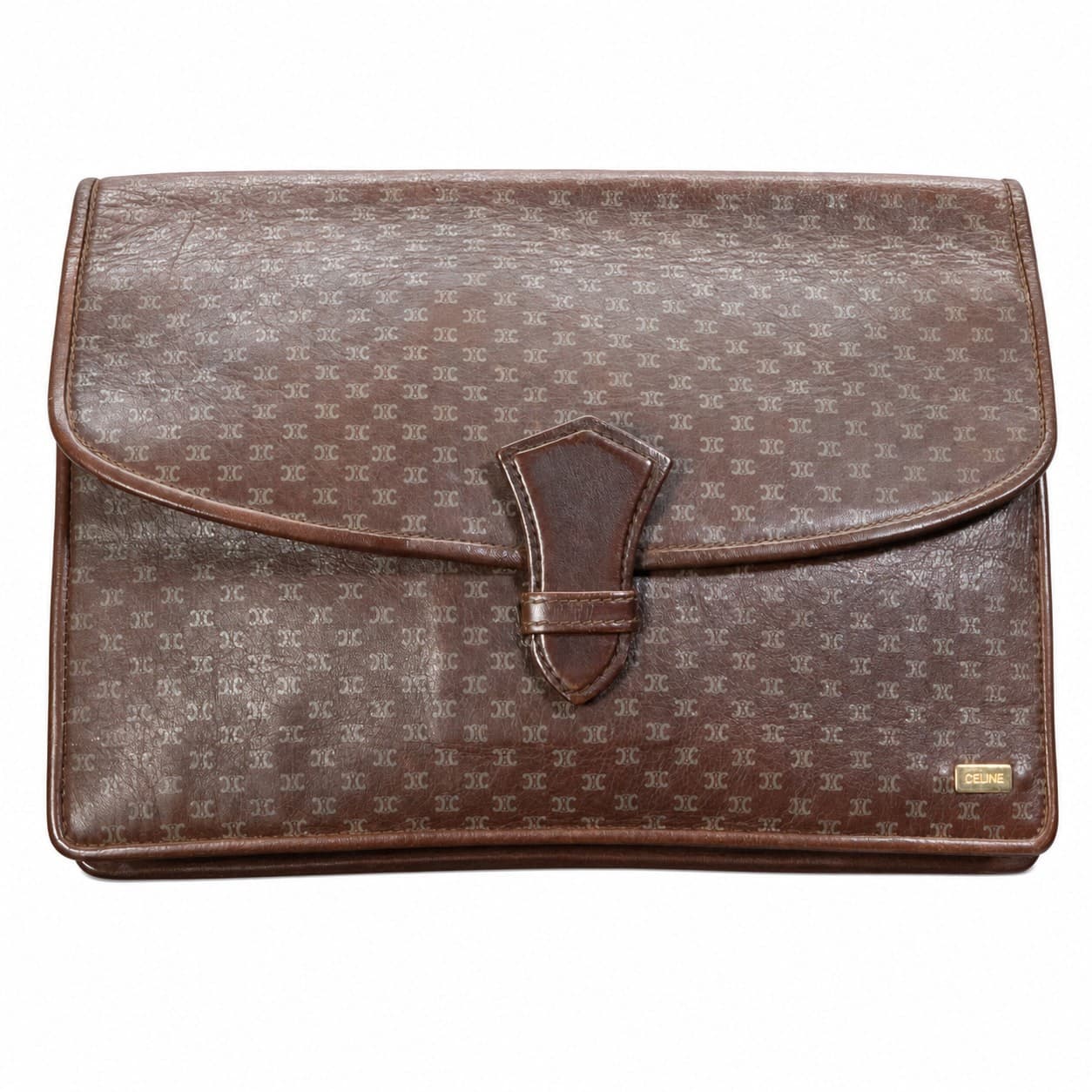 Céline Macadam Monogram Leather Clutch Handbag Purse Bag Brown