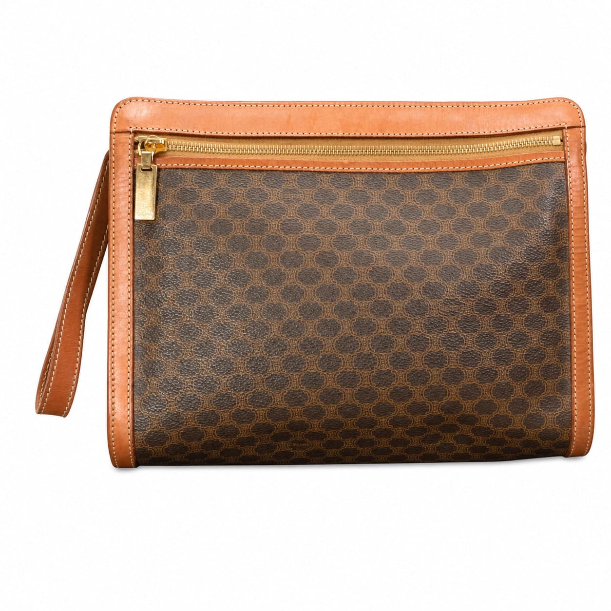 Céline Macadam Clutch Wristlet Bag Purse Pouch Brown Coated Canvas Leather