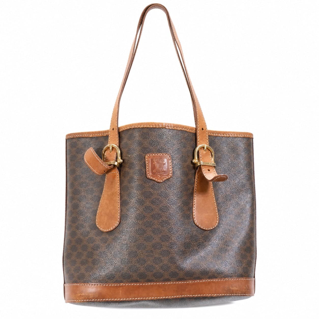 Céline Macadam Canvas Leather Tote Shoulder Bag Handbag Purse Brown
