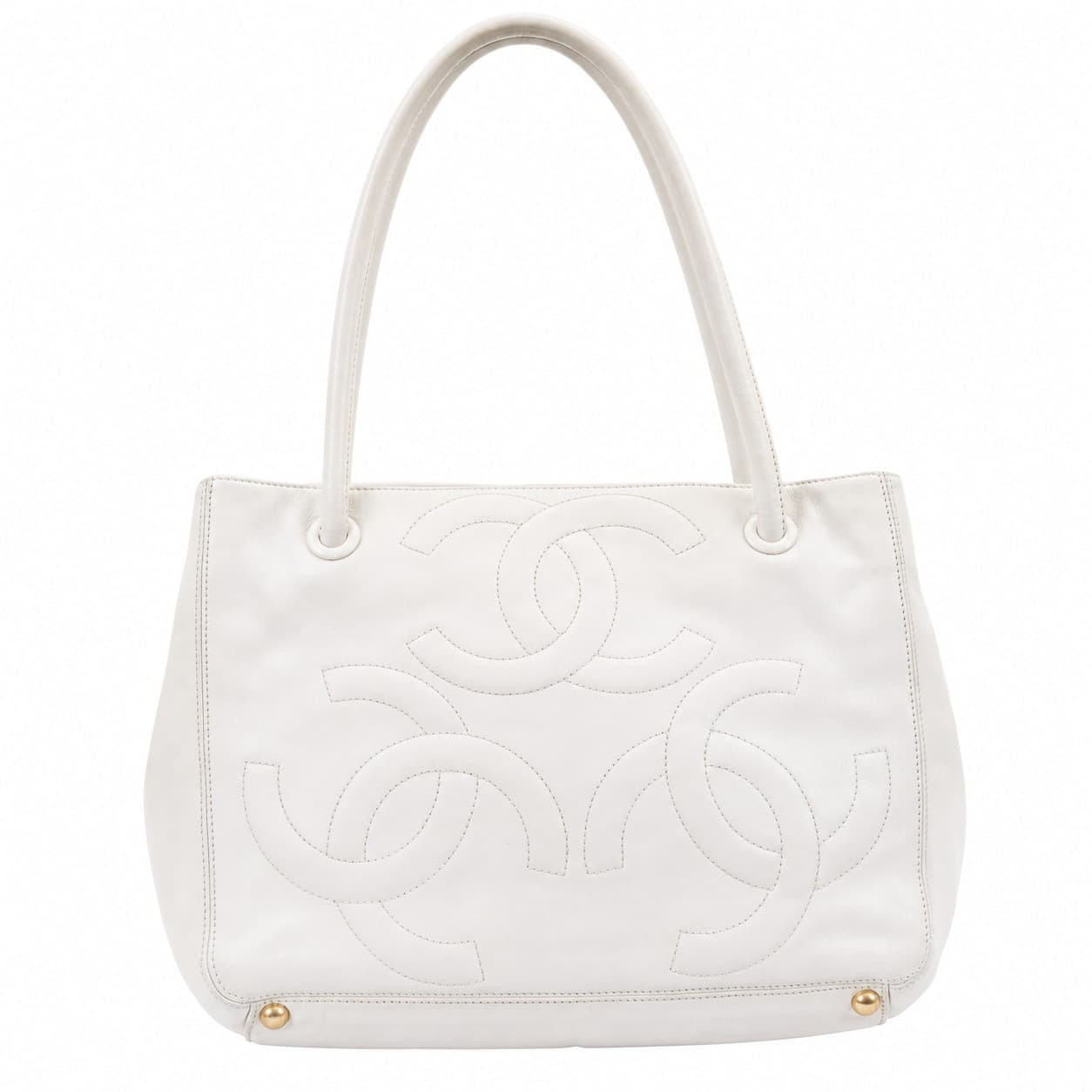 Chanel White Leather CC Logo Tote Shoulder Bag Handbag Purse Gold Hardware