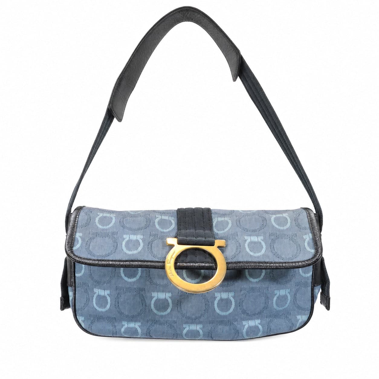 Salvatore Ferragamo Gancini Canvas Leather Blue Shoulder Bag Crossbody Handbag Purse