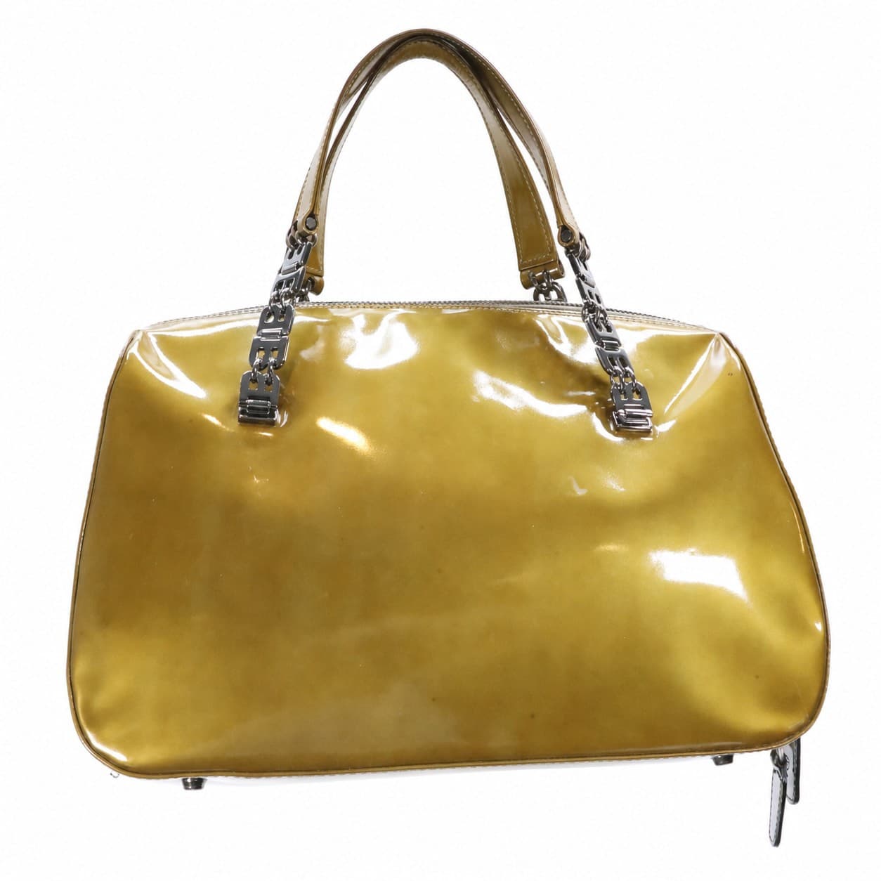 Bally Patent Leather Handbag Purse Bag Olive Yellow Top Handle Satchel