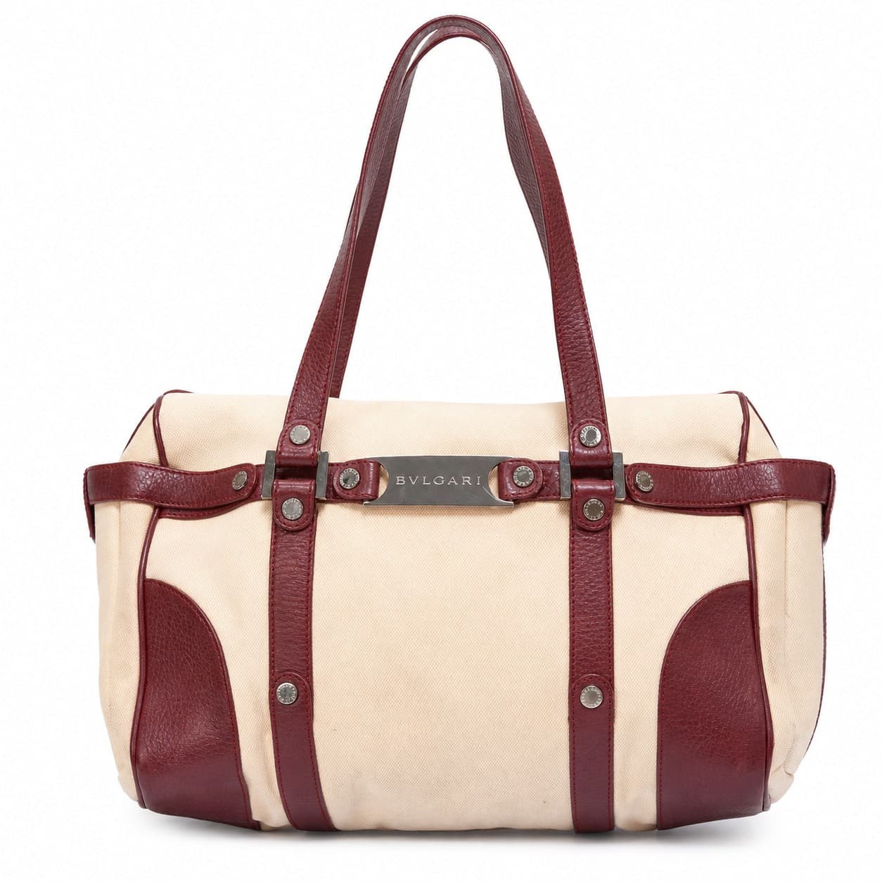Bvlgari Canvas Leather Barrel Bag Handbag Purse Shoulder Bag Beige Burgundy