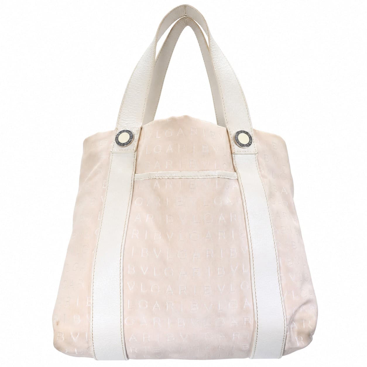 Bulgari Logomania Canvas Leather Shoulder Bag Handbag Tote Beige Cream