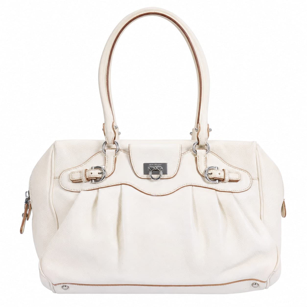 Salvatore Ferragamo Ivory Leather Gancini Shoulder Bag Handbag Purse Satchel