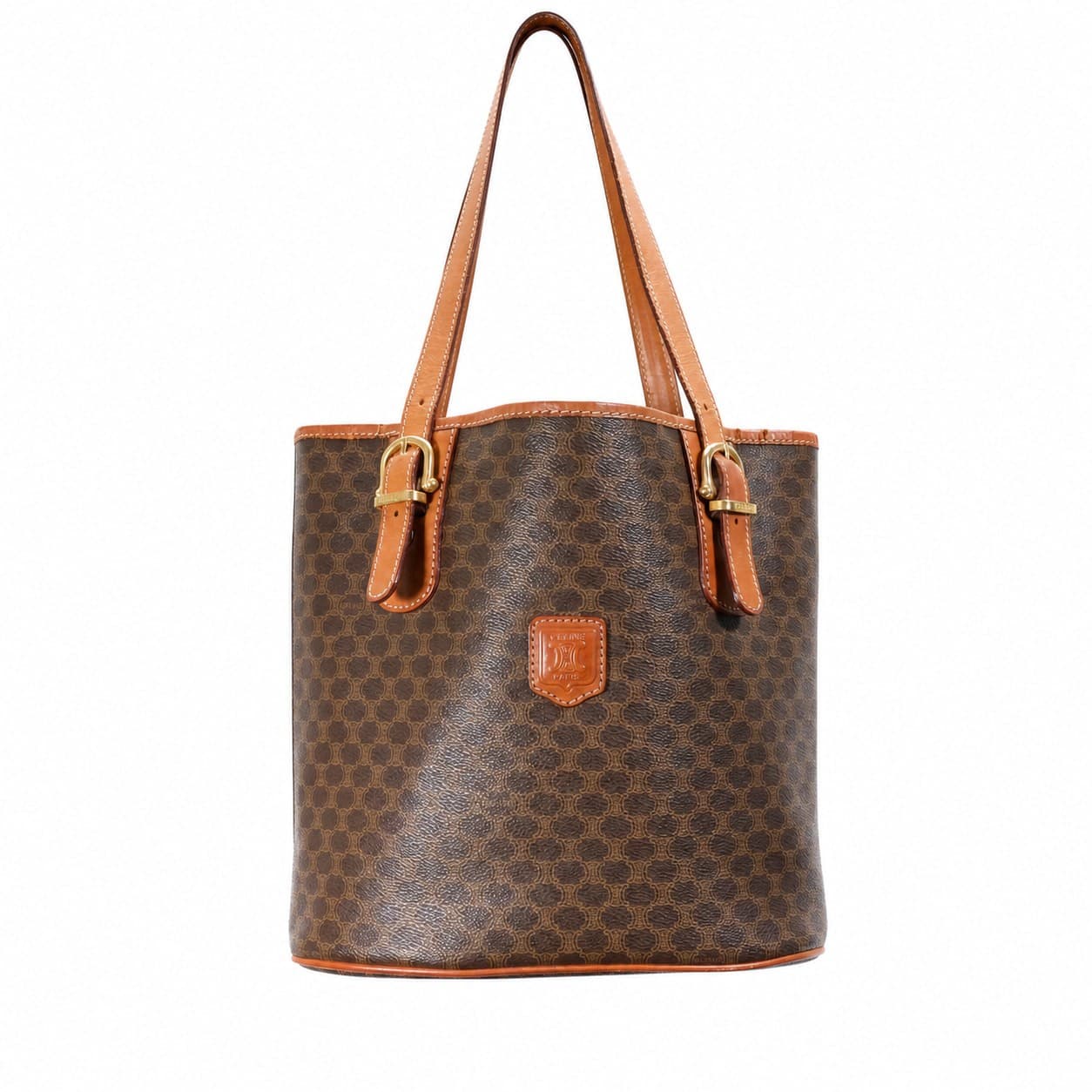 Celine Macadam Brown Coated Canvas Leather Tote Shoulder Bag Handbag Purse