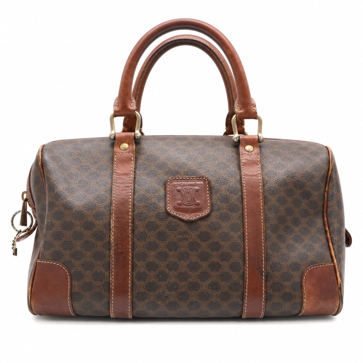 Céline Macadam Boston Bag Brown Canvas Leather Handbag Purse Satchel