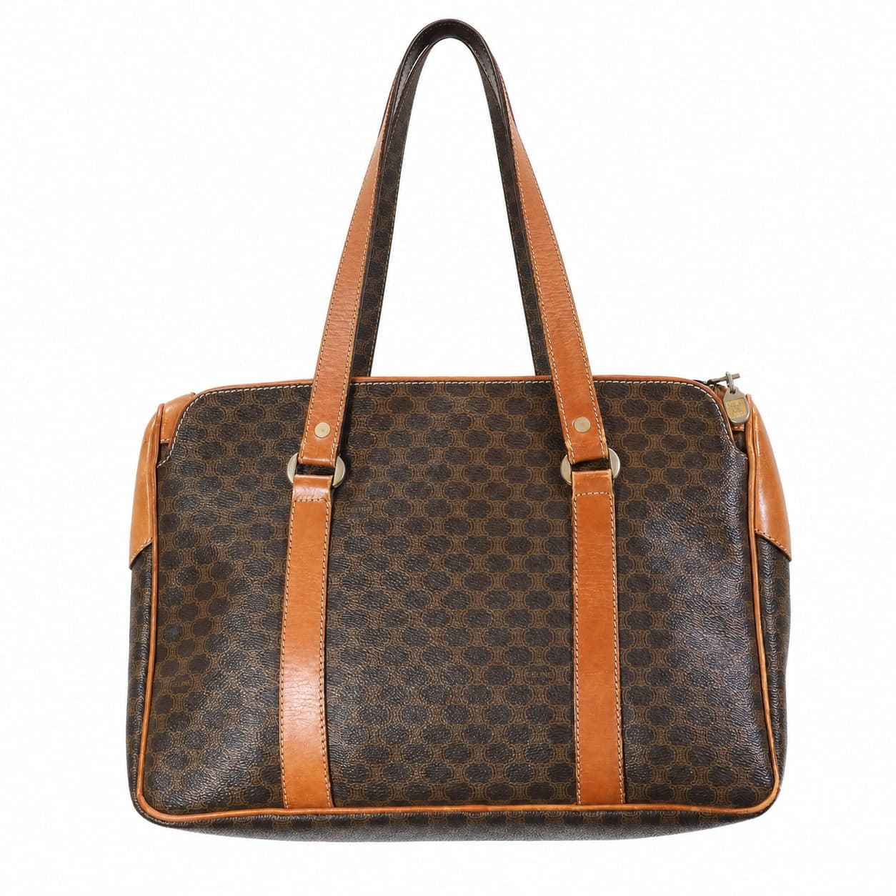 Céline Macadam Coated Canvas Leather Boston Shoulder Bag Handbag Brown