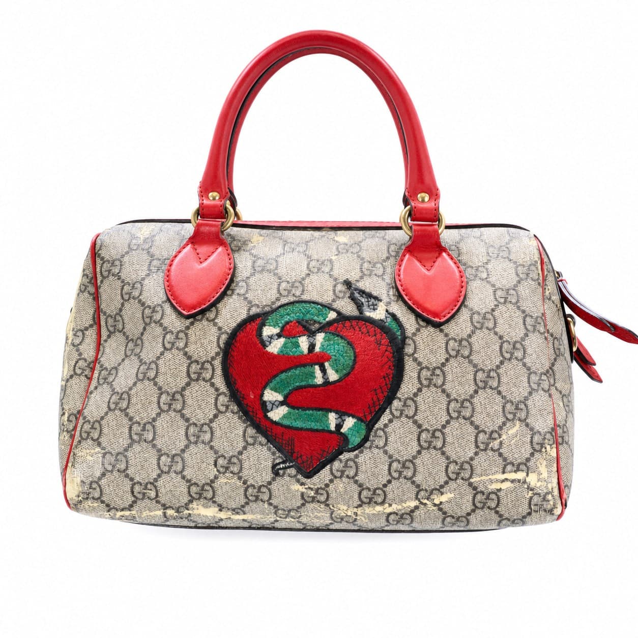 Gucci Limited Edition GG Supreme Heart Snake Top Handle Boston Bag Handbag Red