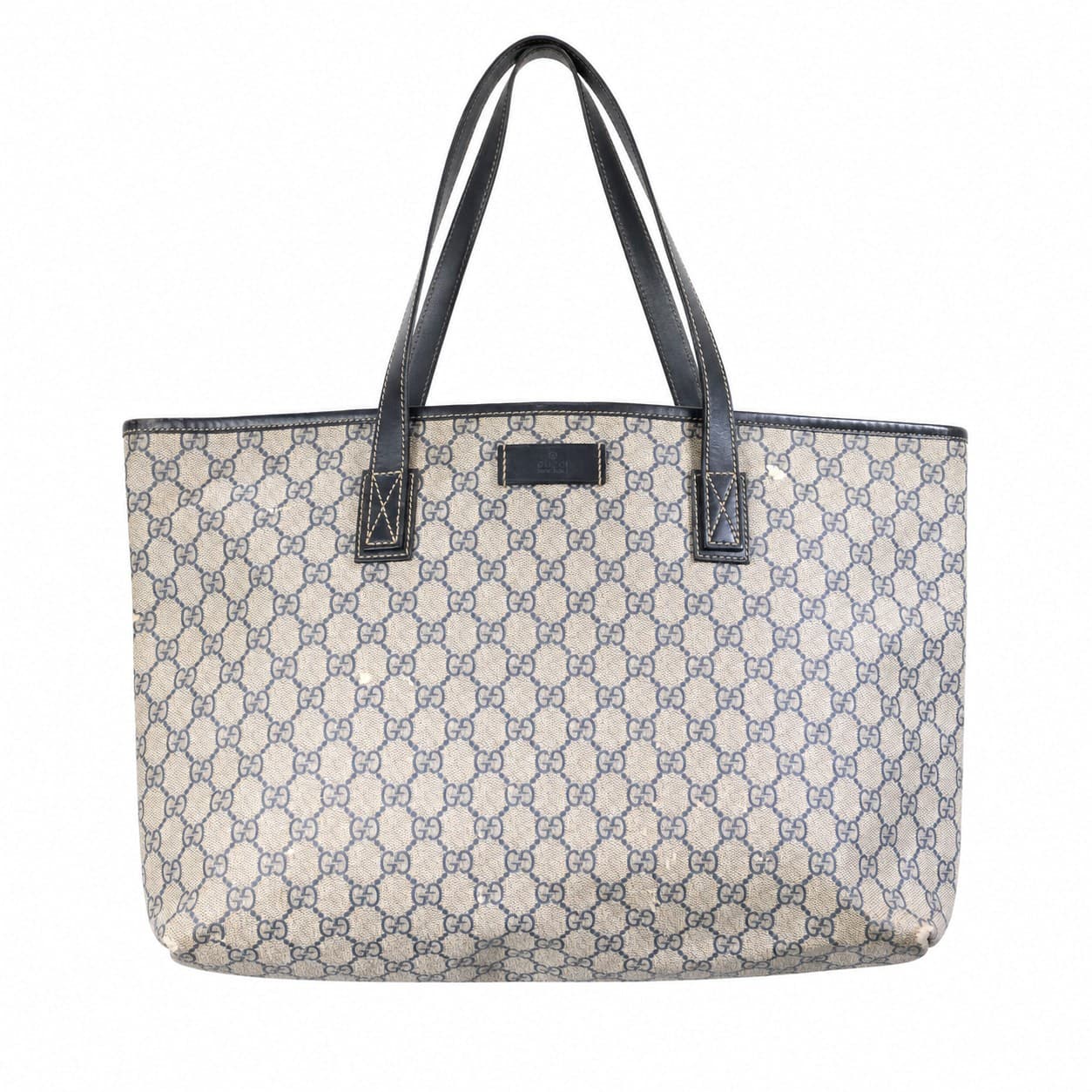 Gucci GG Canvas Tote Bag Handbag Purse Beige Navy Blue Leather Trim