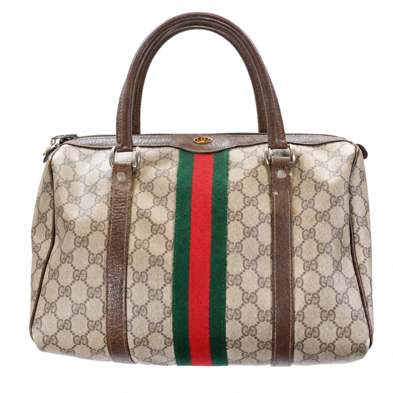 Gucci Vintage Web GG Supreme Canvas Boston Bag Handbag Purse Brown Beige
