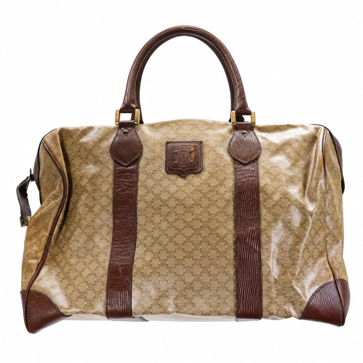 Céline Macadam Boston Bag Handbag Duffle Canvas Leather Brown Beige