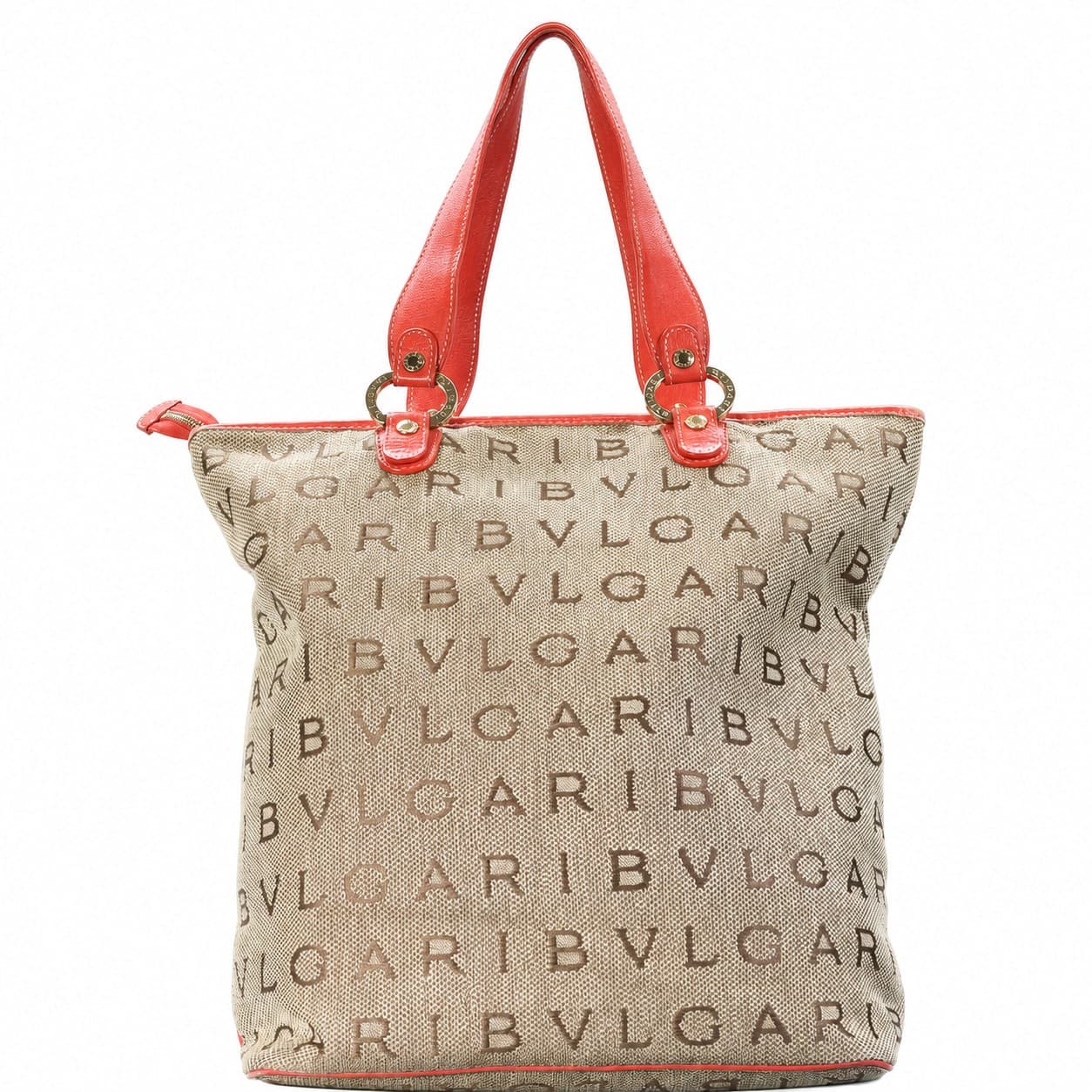 Bulgari Logomania Canvas Leather Tote Bag Handbag Shoulder Bag Beige Coral