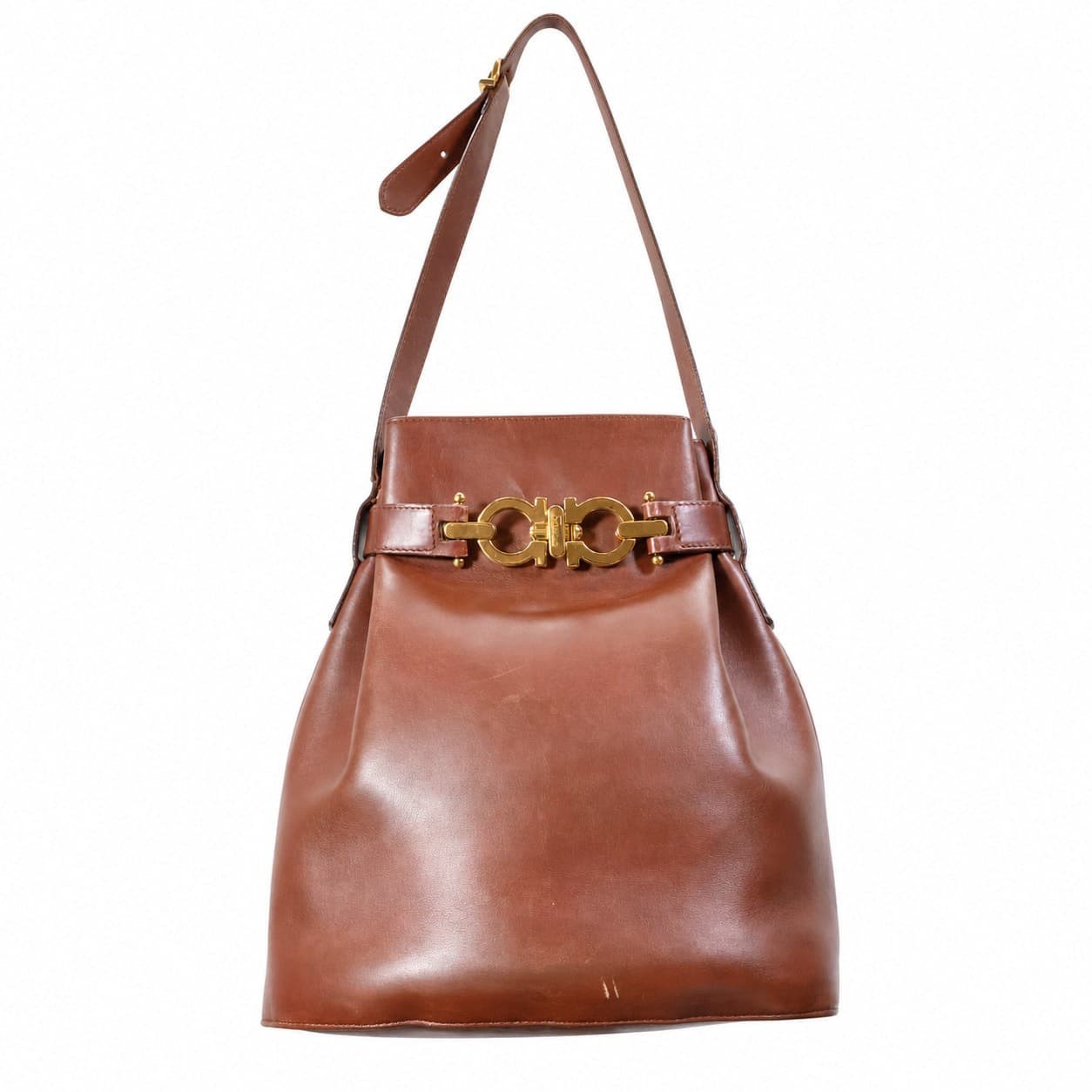 Salvatore Ferragamo Gancini Brown Leather Shoulder Bag Handbag Purse
