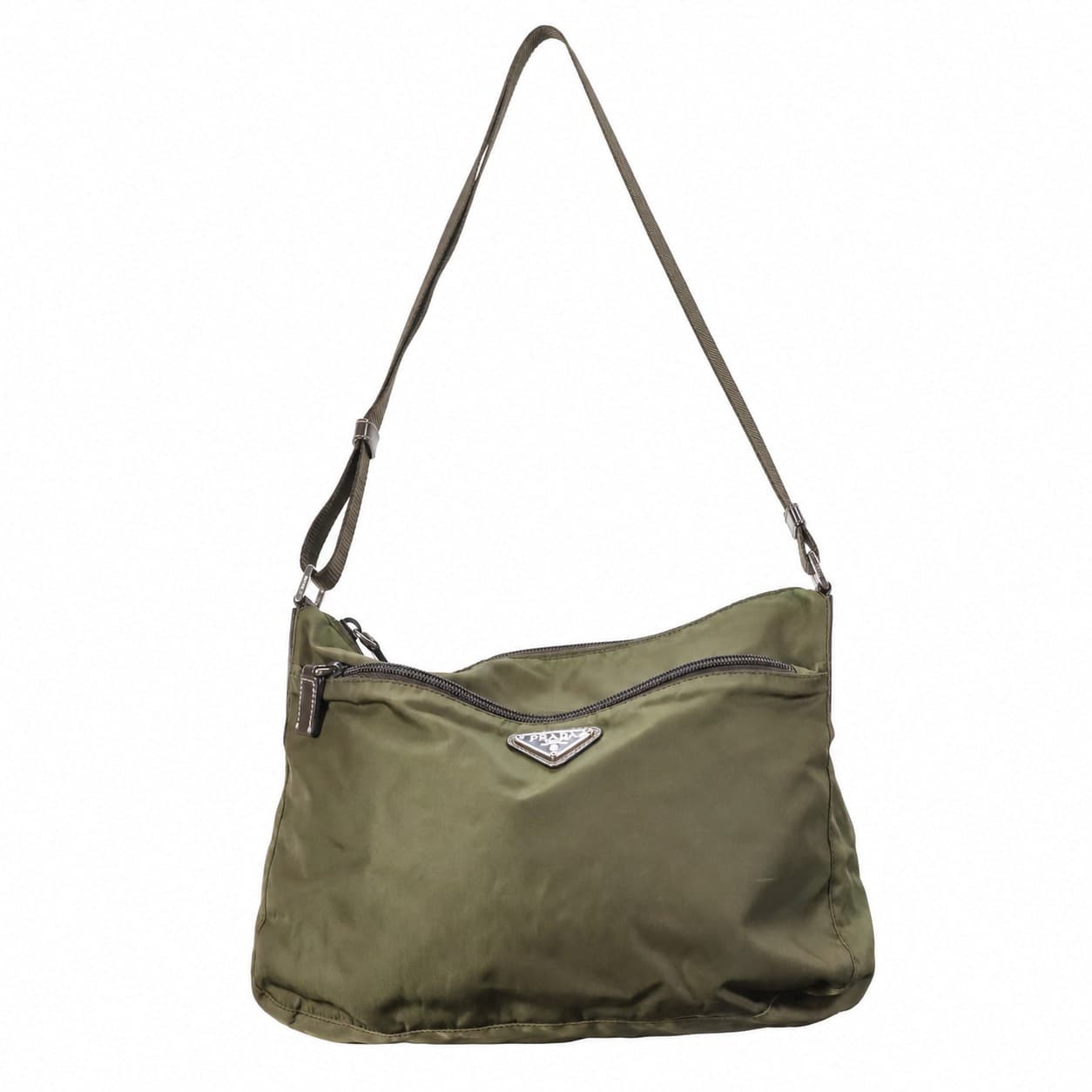 Prada Tessuto Nylon Leather Trim Crossbody Messenger Shoulder Bag Olive Green