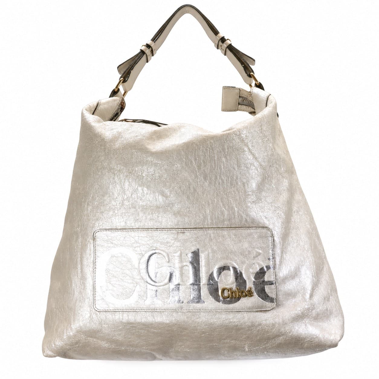 Chloé Metallic Gold Leather Logo Hobo Shoulder Bag Handbag Purse Champagne