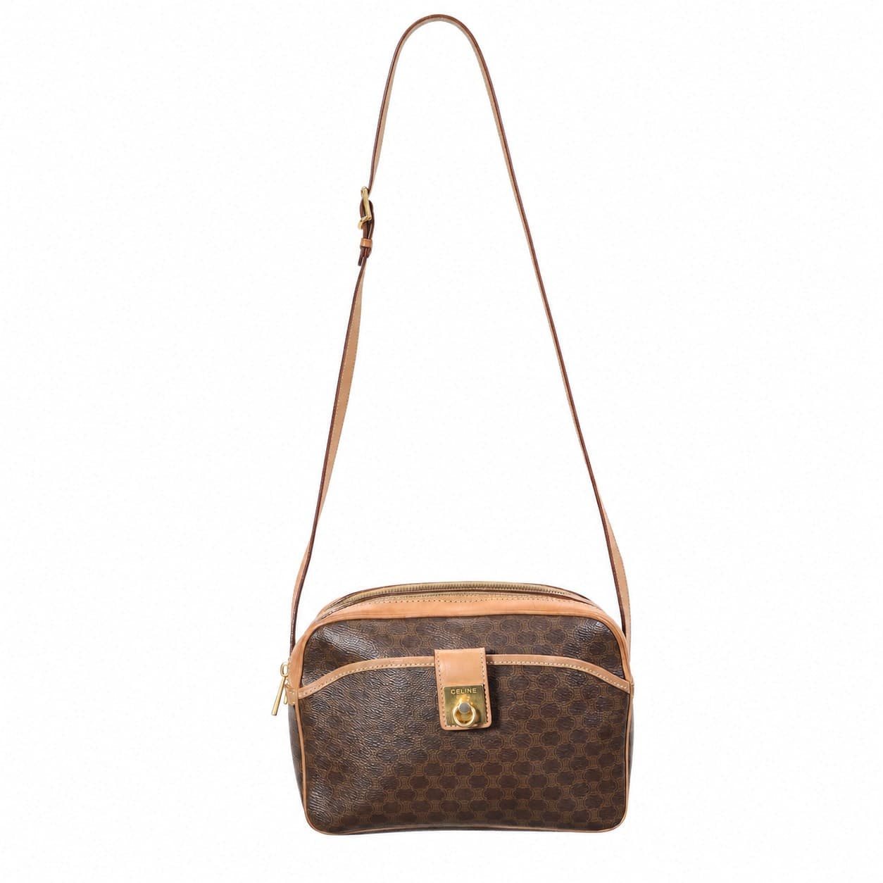 Celine Macadam Monogram Canvas Leather Crossbody Shoulder Bag Brown Handbag Purse