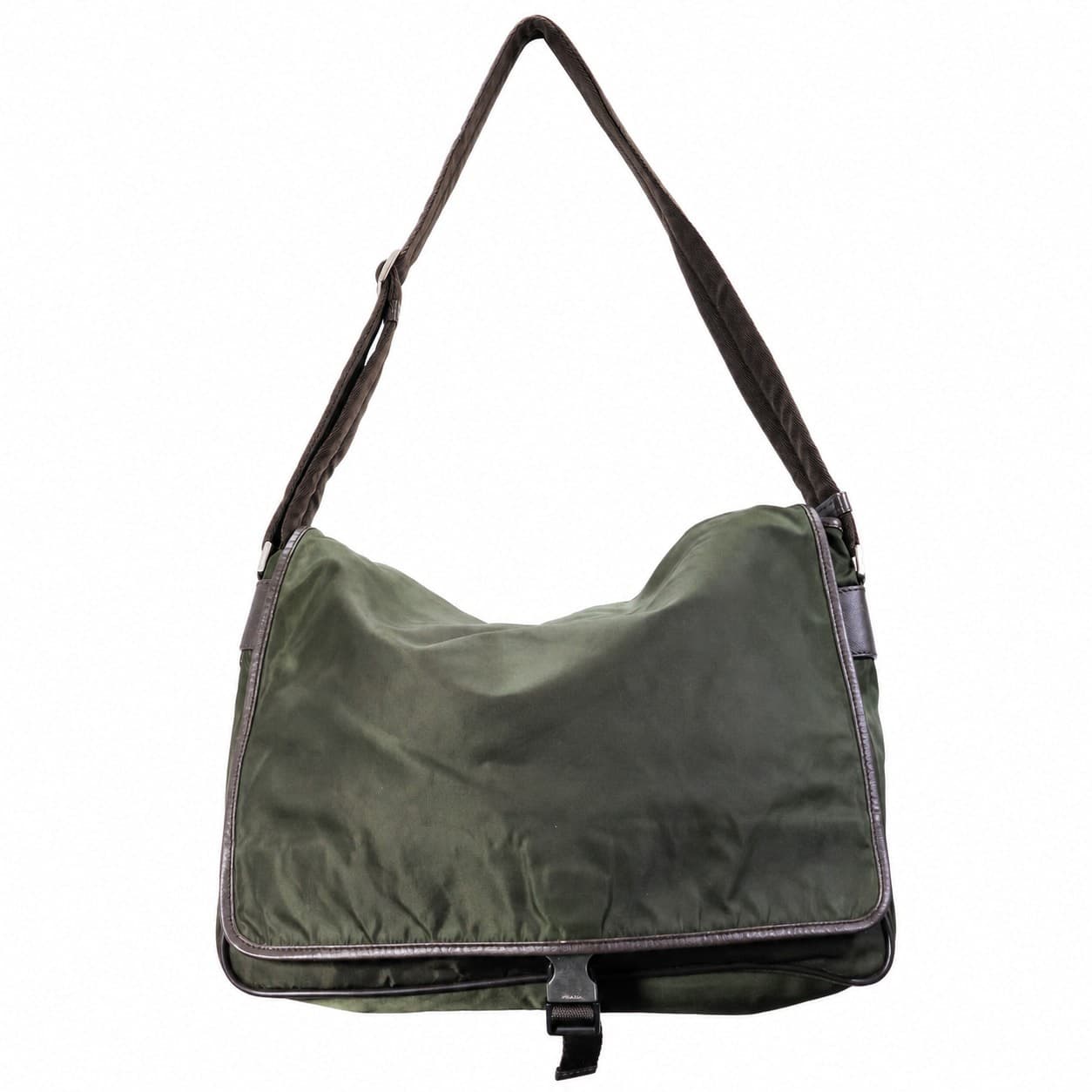 Prada Tessuto Nylon Messenger Shoulder Bag Olive Green Brown Leather Trim