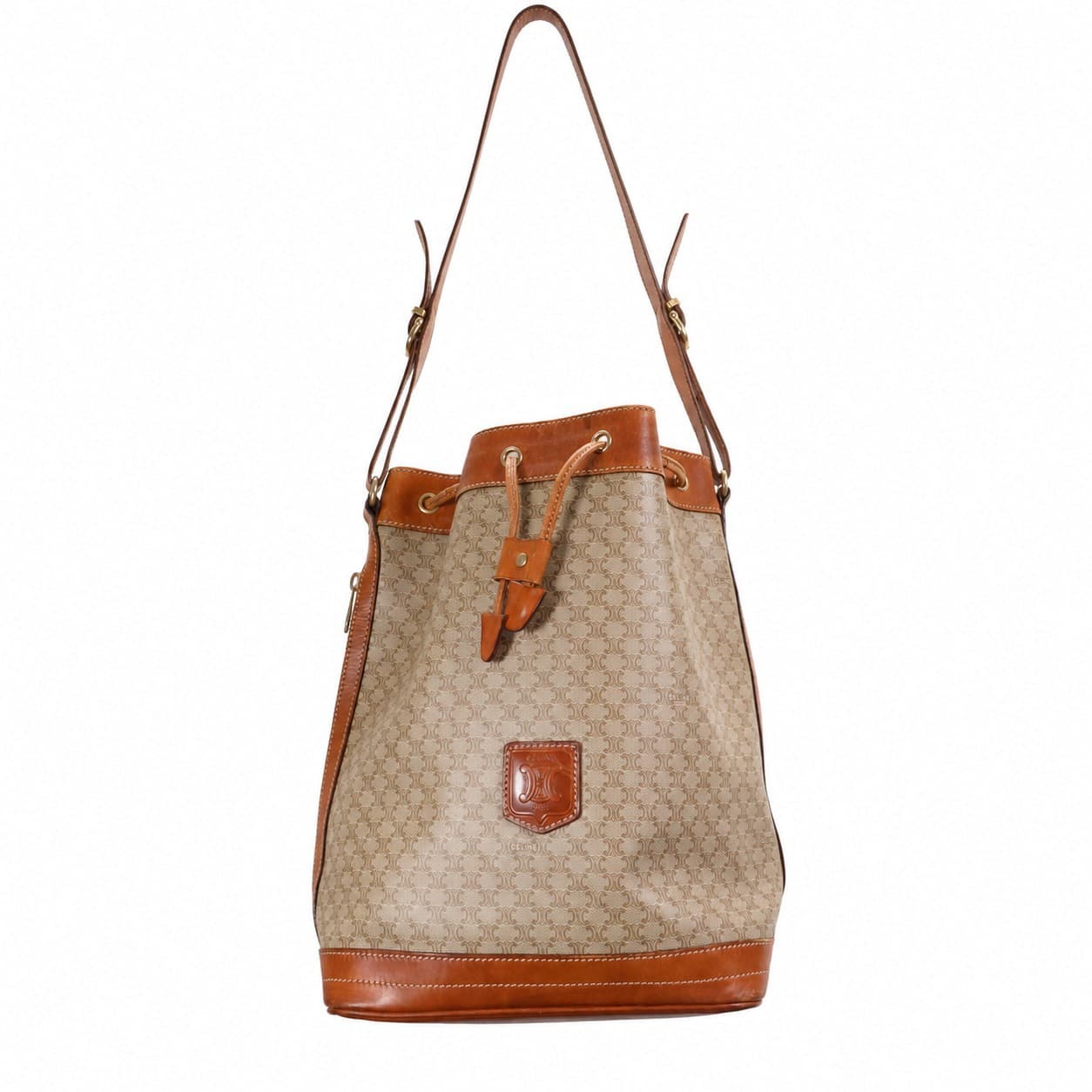 Celine Macadam Monogram Canvas Leather Bucket Drawstring Shoulder Bag Handbag Purse Beige Tan