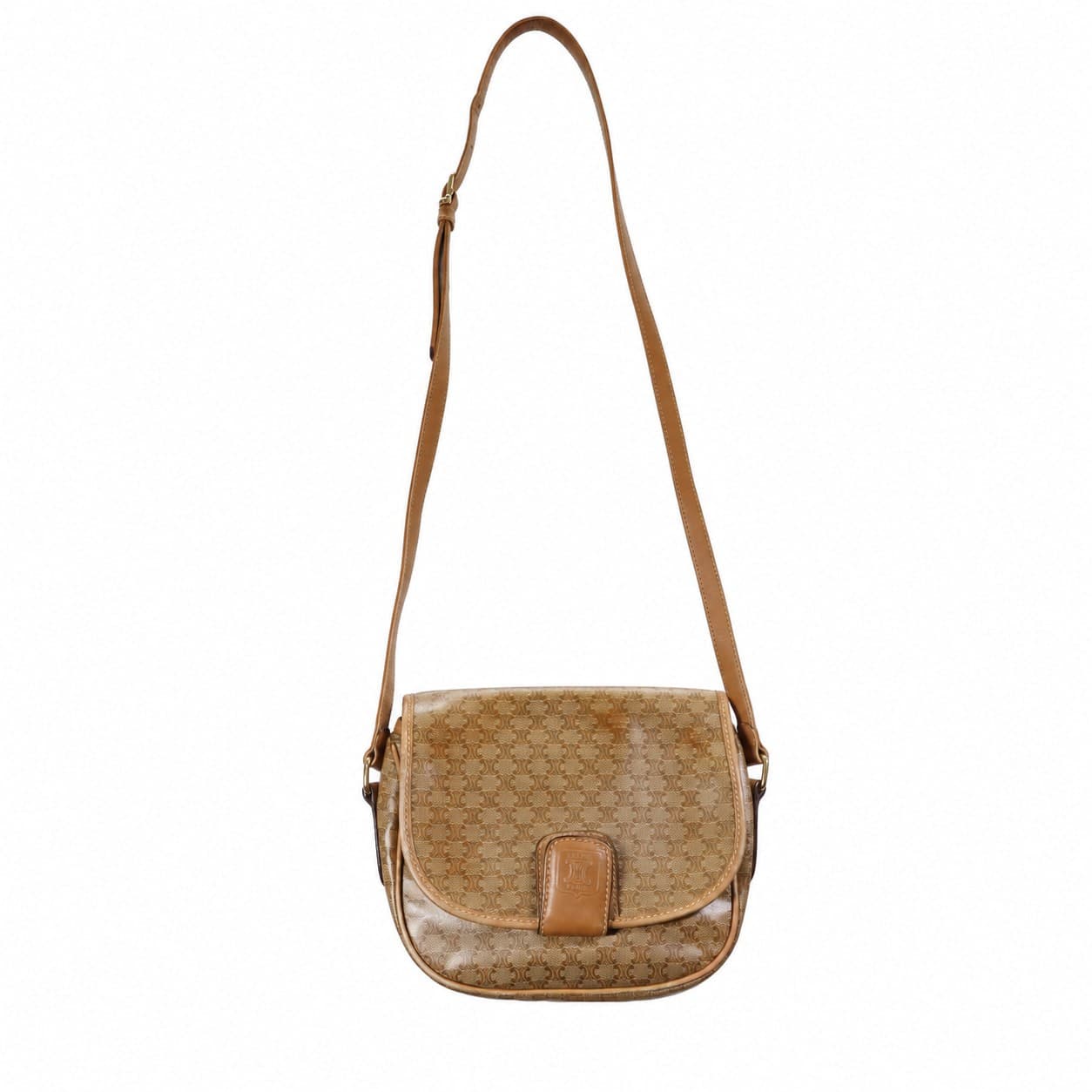 Céline Macadam Monogram Canvas Leather Crossbody Shoulder Bag Purse Beige