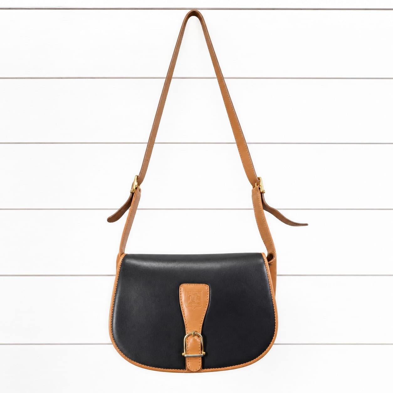 Céline Black Leather Saddle Bag Crossbody Shoulder Bag Tan Trim Handbag Purse