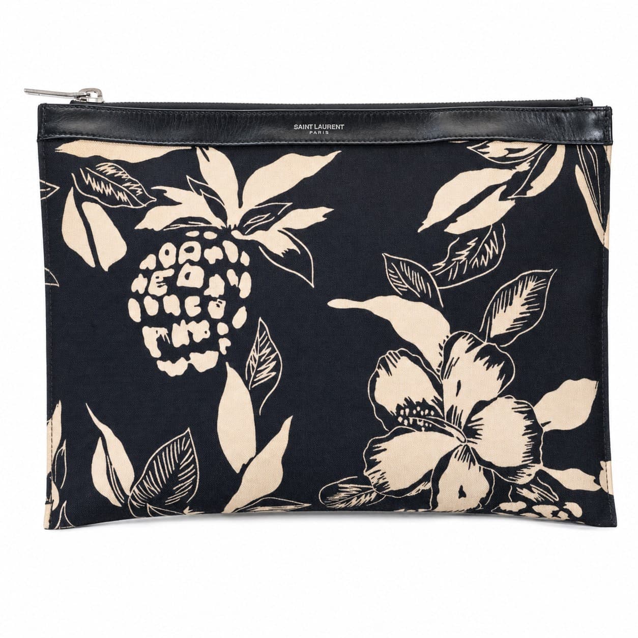 Saint Laurent Floral Print Canvas Leather Trim Zip Clutch Pouch Bag Black