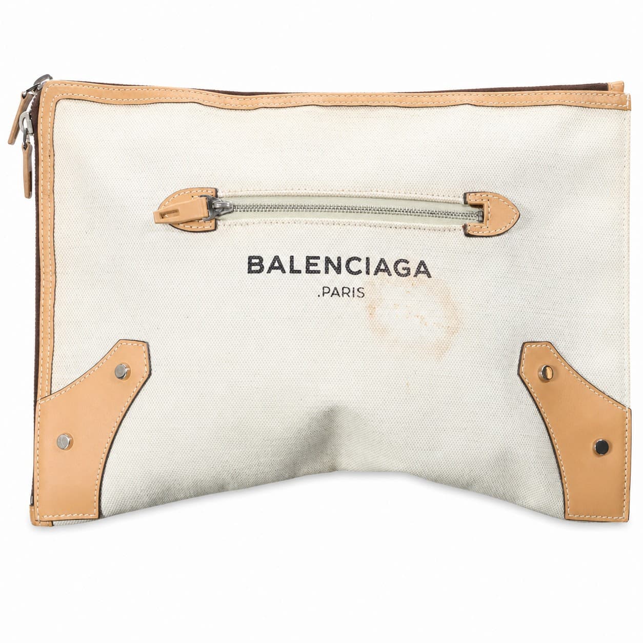 Balenciaga Canvas Leather Logo Clutch Pouch Bag Handbag Purse Ivory Beige