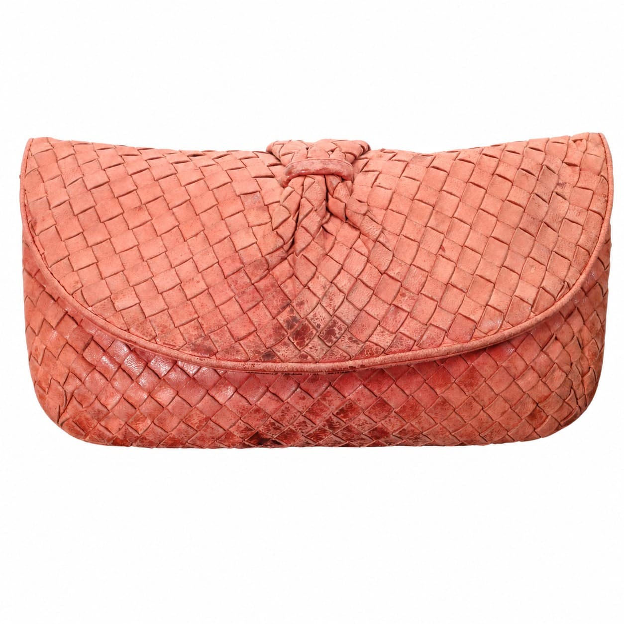 Bottega Veneta Intrecciato Woven Leather Envelope Clutch Purse Bag Coral Pink
