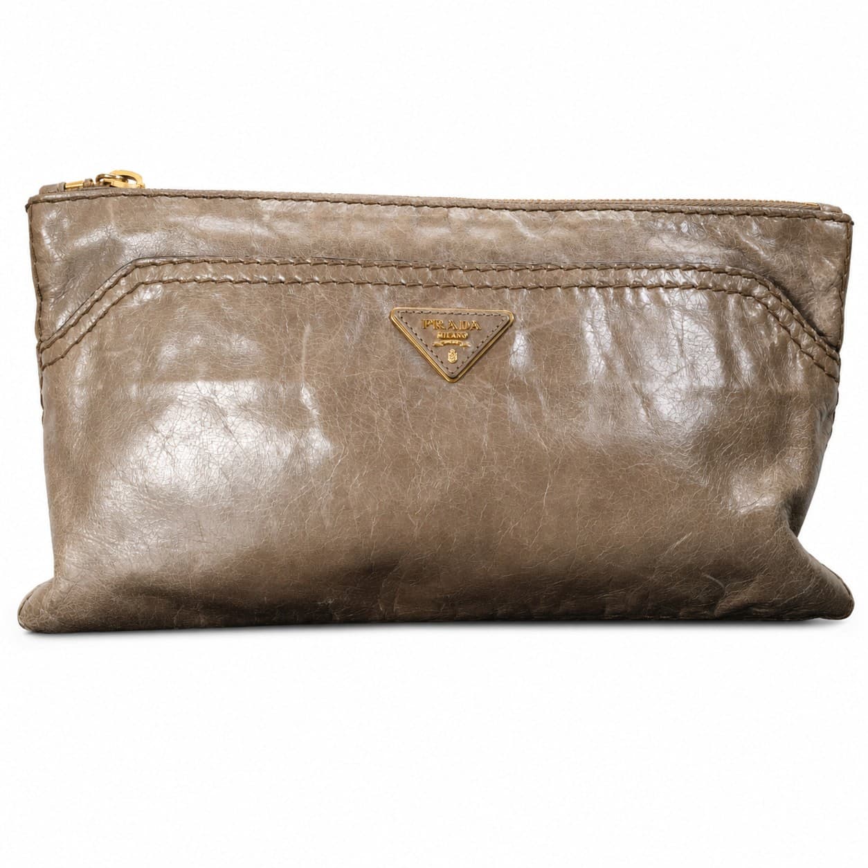 Prada Leather Clutch Pouch Cosmetic Bag Triangle Logo Taupe Gold Hardware