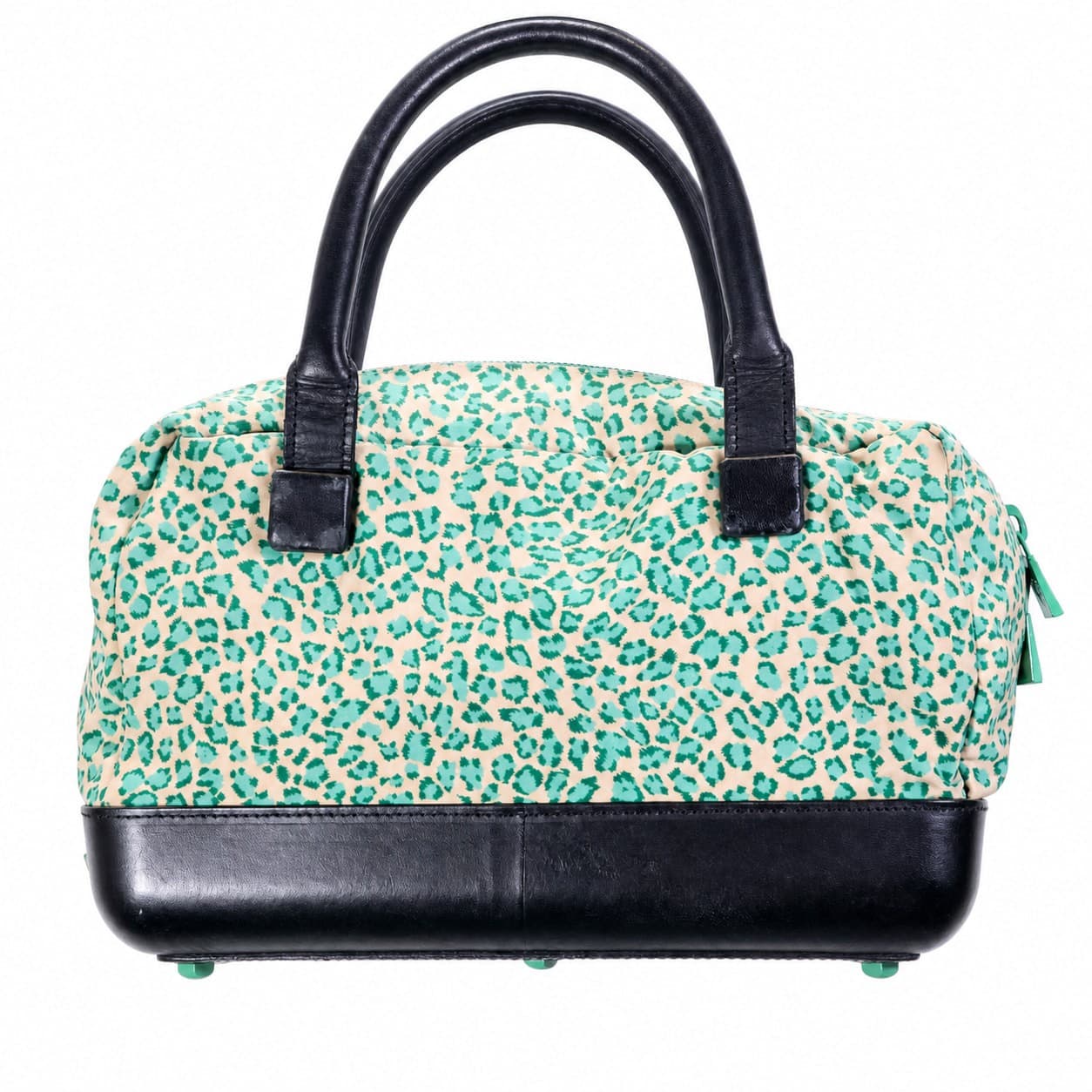 Bottega Veneta Leopard Print Canvas Leather Satchel Top Handle Handbag Purse Bag Green